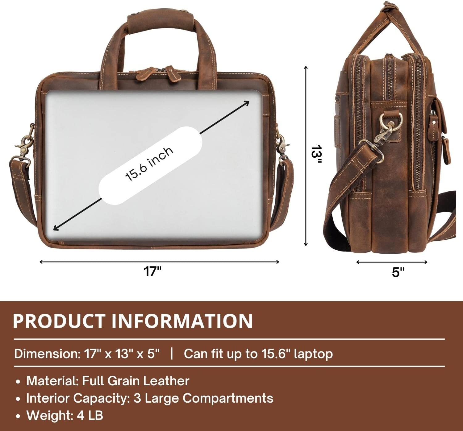 Luxorro Full Grain Leather Briefcase for Men, Top Choice Gifts for Men, Handcrafted Leather Laptop Bag with Multiple Compartments and Brass Hardware, Fits 15.6 Inch Laptop - Image 4